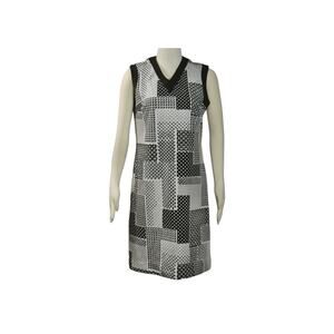 1970s Honeycomb Brand White Brown Polyester Geometric Print Sleeveless Dress